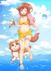 Rule 34 | 1girl, :d, animal ears, anklet, bad id, bad pixiv id, barefoot, bikini, blue eyes, breasts, brown hair, bubble, cleavage, collar, day, dog, dog ears, dog tail, fang, hair ornament, hairclip, highres, jewelry, kaku-san-sei million arthur, long hair, medium breasts, million arthur (series), navel, one eye closed, open mouth, ponytail, ribbon, skirt, sky, smile, solo, swimsuit, tail, umino (anesthesia), water, water gun