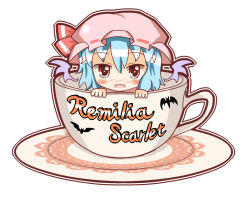 Rule 34 | 1girl, bat (animal), bat wings, blue hair, character name, chibi, cup, fang, female focus, hat, hat ribbon, in container, in cup, mini person, minigirl, open mouth, red eyes, ribbon, saucer, short hair, solo, touhou, umi suzume, white background, wings