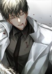 Rule 34 | 1boy, black hair, black shirt, blood, blood from mouth, closed eyes, coat, collared coat, collared shirt, dante ( dannnte ), gradient background, highres, light smile, long sleeves, male focus, omniscient reader&#039;s viewpoint, shirt, solo, teeth, twitter username, upper body, white coat