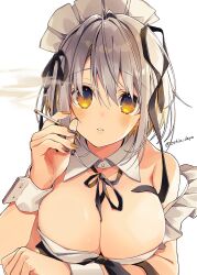 Rule 34 | 1girl, bare shoulders, black ribbon, blush, breasts, buttons, cigarette, cleavage, collarbone, detached collar, grey hair, hair between eyes, hair ribbon, hand up, holding, holding cigarette, large breasts, looking at viewer, maid, maid day, maid headdress, nail polish, original, oshio (dayo), ribbon, short hair, simple background, smoke, solo, twitter username, upper body, white background, wrist cuffs, yellow eyes, yellow nails