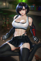 Rule 34 | 1girl, abs, alternate hairstyle, arm guards, beer bottle, black hair, black skirt, black thighhighs, blurry, blurry background, bottle, breasts, cleavage, collarbone, earrings, elbow gloves, final fantasy, final fantasy vii, final fantasy vii remake, fingerless gloves, gloves, highres, jewelry, large breasts, looking at viewer, midriff, navel, neoartcore, on table, reclining, red eyes, sitting, skirt, smile, solo, square enix, stomach, suspender skirt, suspenders, suspenders slip, table, tank top, thighhighs, tifa lockhart, toned, wariza, white tank top, zettai ryouiki