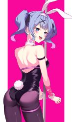 Rule 34 | 1girl, absurdres, animal ears, ass, back, bare shoulders, black leotard, black ribbon, blue eyes, blue hair, blush, cowboy shot, cuffs, fake animal ears, fake tail, from behind, hair ornament, hair ribbon, hairband, handcuffs, hatsune miku, highres, leotard, looking at viewer, multicolored hair, open mouth, pantyhose, pink background, pink hair, pink pupils, purple pantyhose, rabbit ears, rabbit hole (vocaloid), rabbit tail, ribbon, short hair, simple background, smug, solo, standing, strapless, strapless leotard, streaked hair, tail, teardrop facial mark, thigh strap, twintails, unfinished, vocaloid, white hairband, white tail, x hair ornament, yaho (a01085748817)