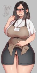 Rule 34 | 1girl, agawa ryou, apron, apron lift, black hair, blush, breasts, clothes lift, covered erect nipples, glasses, grey background, grey eyes, large breasts, mature female, medium hair, no panties, open mouth, original, pubic hair, pussy, shirt, skirt, skirt cutout, solo, standing, t-shirt, wide hips