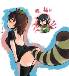 Rule 34 | 2girls, animal ears, ass, asymmetrical wings, black dress, black hair, black legwear, blood, blush, blush stickers, breasts, brown hair, cosplay, costume switch, dress, dress tug, embarrassed, from side, futatsuiwa mamizou, glasses, houjuu nue, houjuu nue (cosplay), leaf, leaf on head, looking at another, looking at viewer, medium breasts, medium hair, multiple girls, nosebleed, raccoon ears, raccoon tail, smile, solo focus, su gata, tail, thighhighs, touhou, translated, wavy mouth, wings