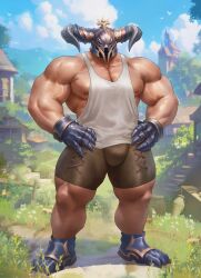 Rule 34 | 1boy, 6suan, abs, armor, bara, bare pectorals, brown shorts, bulge, cloud, dark-skinned male, dark skin, day, draph, full body, gauntlets, granblue fantasy, grass, greaves, helmet, highres, horns, large pectorals, male focus, muscular, muscular male, nipples, outdoors, pectorals, shorts, sky, solo, standing, subtitled, tank top, thick thighs, thighs, vaseraga, white tank top