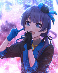 Rule 34 | 1girl, akihitohappy, birthday, blue hair, gloves, highres, link! like! love live!, love live!, link! like! love live!, microphone, murano sayaka, open mouth, smile, solo, twintails