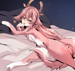Rule 34 | 1girl, animal ears, commentary, fox, fox ears, fox tail, furry, furry female, genshin impact, hair ornament, hair ribbon, highres, hinghoi, licking paw, looking at viewer, on bed, pink hair, purple eyes, ribbon, solo, symbol-only commentary, tail, tongue, tongue out, yae miko