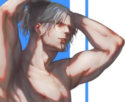 Rule 34 | 1boy, armpits, arms up, biceps, bishounen, blue eyes, collarbone, dante (devil may cry), devil may cry (series), devil may cry 5, facial hair, glasses, holding, long hair, looking at viewer, lykke, male focus, mature male, muscular, muscular male, parted lips, ponytail, realistic, simple background, smile, solo, teeth, topless, topless male, upper body, upper teeth only, white hair