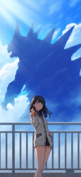 Rule 34 | 1girl, 1other, absurdres, black hair, black skirt, blue eyes, blue sky, bow, bowtie, cardigan, closed mouth, cloud, collared shirt, commentary, day, feet out of frame, gridman universe, hand in pocket, hand up, highres, long hair, long sleeves, looking to the side, monster, orange scrunchie, outdoors, pleated skirt, red bow, red bowtie, school uniform, scrunchie, shirt, skirt, sky, ssss.gridman, standing, sunlight, takarada rikka, thighs, white cardigan, white shirt, wrist scrunchie, wuuyaw