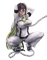 Rule 34 | 1girl, arms behind head, bodysuit, breasts, brown hair, chain, chain leash, colored inner hair, full body, goddess of victory: nikke, green hair, guilty (nikke), hair behind ear, hair between eyes, hamuhanama, high heels, highres, large breasts, leash, long hair, looking at viewer, multicolored hair, pink eyes, simple background, solo, spread legs, squatting, tiptoes, very long hair, white background, white bodysuit