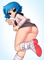 Rule 34 | anus, ass, blue hair, boots, foot out of frame, from behind, gluteal fold, highres, jacket, jewelry, leg up, long sleeves, loodncrood, looking at viewer, looking back, no panties, pussy, ramona flowers, ring, scott pilgrim (series), shiny skin, shoe soles, short hair, smile, standing, standing on one leg, star (symbol), thighs, v, white footwear, white jacket