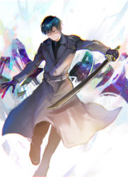 Rule 34 | 1boy, belt, black background, black gloves, black pants, black shirt, brown belt, brown coat, coat, foot up, gloves, grey background, highres, holding, holding sword, holding weapon, kyuuba melo, long sleeves, mole, mole under eye, multicolored background, pants, shirt, short hair, solo, sword, tokyo ghoul, tokyo ghoul:re, urie kuki, weapon, white background