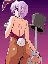Rule 34 | 1girl, animal ears, ass, back, backless leotard, backless outfit, bare back, bare shoulders, capcom, collar, cuffs, demon girl, detached collar, fake animal ears, hat, leotard, lilith aensland, looking back, pantyhose, playboy bunny, purple hair, rabbit ears, rabbit tail, red eyes, se/ji, seji (hornet), short hair, sign, solo, tail, top hat, vampire (game)