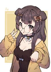 Rule 34 | 1girl, :o, absurdres, animal ears, bespectacled, black choker, black dress, blush, bow, bow choker, breasts, brown bow, brown eyes, brown hair, choker, cleavage, collarbone, dog ears, dog girl, dress, glasses, hair bow, highres, inukai purin, looking at viewer, lucabassiart, medium breasts, paw pose, round eyewear, solo, tsunderia, v, virtual youtuber, white bow