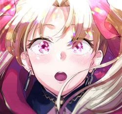 Rule 34 | 1girl, blonde hair, blush, bow, earrings, ereshkigal (fate), eye focus, eye reflection, eyebrows, eyelashes, fate/grand order, fate (series), hair bow, jewelry, lens flare, lips, long hair, open mouth, portrait, red eyes, reflection, solo, surprised, tearing up, tears, teeth, twintails, yukataro