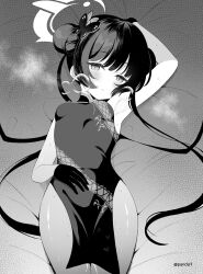 Rule 34 | 1girl, arm up, armpits, blue archive, blush, breasts, butterfly hair ornament, china dress, chinese clothes, covered navel, double bun, dragon print, dress, gloves, greyscale, hair bun, hair ornament, halo, highres, kisaki (blue archive), komi zumiko, long hair, looking at viewer, lying, monochrome, parted lips, sleeveless, sleeveless dress, small breasts, solo, twintails, twitter username