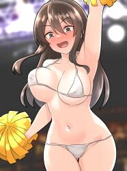 Rule 34 | 1girl, :d, arm up, armpits, ashigara (kancolle), bikini, blurry, blurry background, blush, bouncing breasts, breasts, brown eyes, brown hair, cheerleader, collarbone, commentary request, fang, furaggu (frag 0416), hair between eyes, highres, holding, holding pom poms, kantai collection, long hair, medium breasts, micro bikini, navel, open mouth, pom pom (cheerleading), pom poms, sidelocks, smile, solo, standing, swimsuit, white bikini