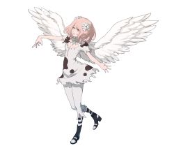 Rule 34 | 1girl, angel wings, breasts, cleavage, durga angel, flower, full body, gravity daze, gravity daze 2, hair flower, hair ornament, highres, looking at viewer, official art, pink hair, saitou shunsuke, smile, socks, solo, striped clothes, striped legwear, striped socks, wings