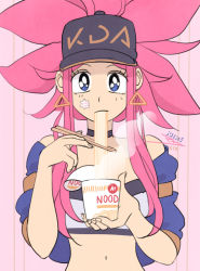 Rule 34 | 1girl, akali, bare shoulders, baseball cap, big hair, blue eyes, breasts, choker, chopsticks, commentary, earrings, eating, english commentary, food, food on face, hat, jacket, jewelry, k/da (league of legends), k/da akali, kamaboko, league of legends, looking at viewer, midriff, navel, off shoulder, open clothes, open jacket, parody, pink hair, ponytail, sidelocks, signature, solo, strapless, style parody, takeuchi naoko (style), triangle earrings, tube top, vashperado