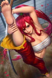 Rule 34 | 1girl, armpits, barefoot, breasts, brown eyes, cleavage, erza scarlet, fairy tail, foot focus, foreshortening, from above, full body, hakama, hakama pants, holding, holding sword, holding weapon, japanese clothes, large breasts, linea alba, long hair, looking at viewer, nail polish, navel, neoartcore, pants, pink nails, ponytail, print pants, red hair, red pants, sarashi, shadow, smile, solo, split, standing, standing on one leg, standing split, sword, toenail polish, toenails, very long hair, weapon, wooden floor