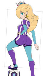 Rule 34 | 1girl, alternate costume, ass, ball, blonde hair, blouse, blue eyes, bodystocking, breasts, crown, earrings, from behind, gonzarez, hair over one eye, hand on own hip, highres, jewelry, long hair, looking at viewer, looking down, mario (series), mario strikers: battle league, medium breasts, nintendo, pantyhose, pantyhose under shorts, rosalina, shiny clothes, shirt, short shorts, shorts, sideboob, simple background, soccer ball, soccer uniform, socks, solo, sportswear, strikers rosalina, striped clothes, striped shirt, white background