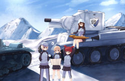 Rule 34 | 4girls, absurdres, aki (girls und panzer), ankle boots, arms behind head, arms up, baseball cap, blue eyes, blue footwear, blue headwear, blue jacket, blue pants, blue skirt, blunt bangs, boots, brown hair, bt-42, closed eyes, closed mouth, day, emblem, frown, girls und panzer, green eyes, grey legwear, hair tie, hands in pockets, hat, highres, holding, holding instrument, holding map, instrument, jacket, kantele, keizoku (emblem), keizoku military uniform, kurokimono001, light brown hair, long hair, long sleeves, low twintails, map, mika (girls und panzer), mikko (girls und panzer), military, military uniform, military vehicle, miniskirt, motor vehicle, mountain, mountainous horizon, multiple girls, music, outdoors, pants, pants rolled up, pants under skirt, playing instrument, pleated skirt, raglan sleeves, red eyes, red hair, shadow, short hair, short twintails, silver hair, single vertical stripe, sitting, skirt, smile, snow, socks, standing, tank, track jacket, track pants, tulip hat, twintails, uniform, vehicle request, youko (girls und panzer)