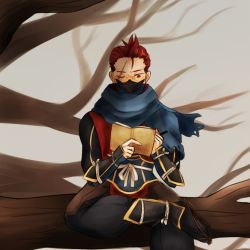 Rule 34 | 1boy, book, branch, fire emblem, fire emblem fates, highres, holding, holding book, male focus, mask, ninja, nintendo, open book, reading, red eyes, red hair, saizo (fire emblem), sandals, scar, scar across eye, scar on face, scarf, sitting, solo