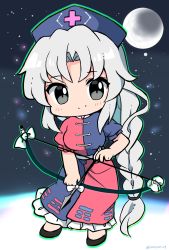 Rule 34 | 1girl, black footwear, blue dress, blue hat, bow (weapon), chibi, closed mouth, constellation print, cross, dress, full body, full moon, grey eyes, grey hair, hat, highres, holding, holding bow (weapon), holding weapon, long hair, looking at viewer, moon, multicolored clothes, multicolored dress, night, nurse cap, ramudia (lamyun), red dress, short sleeves, solo, star (sky), touhou, trigram, twitter username, very long hair, weapon, yagokoro eirin