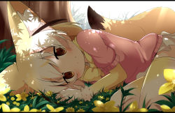 Rule 34 | 10s, 1girl, animal ears, blonde hair, blush, bow, breasts, brown eyes, commentary request, elbow gloves, extra ears, fennec (kemono friends), fox ears, fox tail, gloves, grass, kemono friends, looking at viewer, lying, makuran, on side, outdoors, short hair, skirt, smile, solo, tail, thighhighs, tree, yellow bow, yellow gloves, yellow thighhighs