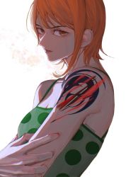 Rule 34 | 1girl, artist name, bare shoulders, commentary, commentary request, crying, english commentary, eyelashes, green shirt, highres, looking at viewer, mygiorni, nami (one piece), one piece, orange eyes, orange hair, serious, shirt, short hair, solo, tattoo, twitter username, white background