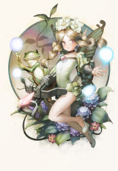 Rule 34 | 1girl, :o, ataruman, bare legs, blonde hair, bow (weapon), braid, butterfly wings, choker, crossbow, crystal, fairy, flower, frog, full body, hair flower, hair ornament, highres, hydrangea, ingway (odin sphere), insect wings, leaf, long hair, mercedes (odin sphere), odin sphere, puff and slash sleeves, puffy shorts, puffy sleeves, red eyes, shorts, twin braids, weapon, wings