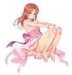 Rule 34 | 1girl, abe nana, bare shoulders, blush, braid, brown eyes, brown hair, closed mouth, commission, dress, full body, gloves, hair ribbon, hands on own knees, high heels, highres, idolmaster, idolmaster cinderella girls, knees up, long hair, looking at viewer, outstretched arms, pink dress, pink footwear, pumps, rangen, ribbon, see-through, shoes, simple background, smile, solo, strapless, strapless dress, tiara, very long hair, white background, white gloves, white ribbon