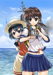 Rule 34 | 10s, 2girls, absurdres, black eyes, black gloves, black hair, blue sailor collar, blue skirt, blue sky, bucket hat, cannon, cloud, cowboy shot, crossover, day, fubuki (kancolle), gloves, hair between eyes, hat, hat feather, height difference, highres, horizon, kaban (kemono friends), kantai collection, kemono friends, low ponytail, machinery, multiple girls, navel, ocean, outdoors, pantyhose, pleated skirt, ponytail, red shirt, sailor collar, school uniform, serafuku, shirt, short hair, short ponytail, shorts, sidelocks, skirt, sky, wat gei-lung, wavy hair, wavy mouth