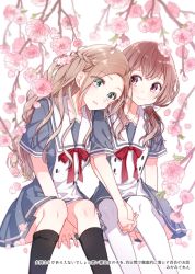 Rule 34 | 2girls, black socks, blue eyes, blush, braid, branch, brown eyes, brown hair, buttons, cherry blossoms, collarbone, commentary request, double-breasted, dress, eyes visible through hair, flower, holding hands, kneehighs, long hair, multiple girls, neck ribbon, original, parted lips, pink flower, red neckwear, ribbon, short sleeves, sitting, socks, thighhighs, translated, twintails, white legwear, yukiko (tesseract), yuri
