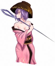 Rule 34 | 1girl, bare shoulders, black hat, black sash, bowl, bowl hat, breasts, cleavage, collarbone, commentary, cowboy shot, dr. addamelech, english commentary, hat, holding, holding needle, holding weapon, japanese clothes, kimono, needle, needle sword, obi, off shoulder, pink kimono, profile, purple hair, red eyes, sash, short hair, simple background, small breasts, solo, standing, sukuna shinmyoumaru, touhou, weapon, white background