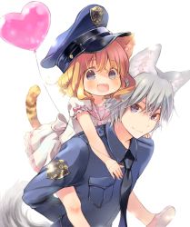 Rule 34 | 1boy, 1girl, :d, animal ear fluff, animal ears, balloon, black neckwear, blonde hair, blue eyes, blue headwear, blue shirt, blush, bow, carrying, cat boy, cat ears, cat girl, cat tail, child, closed mouth, collared shirt, commentary request, dog boy, dress, dress shirt, eyebrows hidden by hair, fangs, grey hair, hair between eyes, hat, heart balloon, highres, kuga tsukasa, necktie, open mouth, original, peaked cap, piggyback, pink footwear, pleated dress, police, police hat, police uniform, puffy short sleeves, puffy sleeves, sailor collar, sailor dress, shirt, shoe soles, shoes, short sleeves, simple background, smile, tail, teeth, uniform, upper teeth only, white background, white bow, white dress, white sailor collar