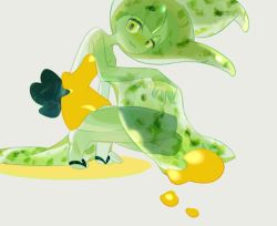 Rule 34 | 1girl, blunt bangs, closed mouth, colored skin, dress, freckles, green eyes, green hair, green skin, half-closed eyes, monster girl, no nose, original, sandals, see-through, short dress, short hair, simple background, slime girl, solo, squatting, take (illustrator), white background, yellow dress