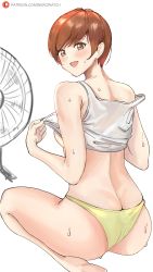 Rule 34 | 1girl, absurdres, ass, bare shoulders, barefoot, blush, breasts, brown hair, butt crack, electric fan, highres, looking at viewer, open mouth, panties, persona, persona 4, satonaka chie, solo, sweat, tagme, tank top, underwear, yellow panties