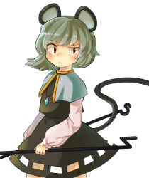 Rule 34 | 1girl, :&lt;, animal ears, bad id, bad pixiv id, capelet, cocked eyebrow, dowsing rod, grey hair, long sleeves, looking at viewer, mouse ears, mouse tail, nazrin, raised eyebrow, red eyes, sasa kichi, short hair, skirt, skirt set, solo, tail, touhou, vest