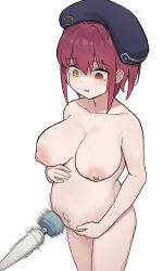 Rule 34 | 1girl, beret, breasts, breasts apart, collarbone, completely nude, empty eyes, gloom (expression), hands on own stomach, hat, heterochromia, highres, hitachi magic wand, hololive, houshou marine, houshou marine (businesswoman), large breasts, looking down, manglifer, motion blur, motion lines, navel, nipples, nude, open mouth, paid reward available, pregnant, red eyes, red hair, sagging breasts, sex toy, short hair, simple background, solo, standing, stomach, tears, twitching, vibrator, virtual youtuber, white background, womb massage, yellow eyes
