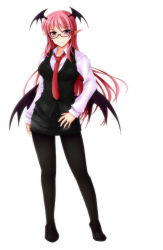 Rule 34 | 1girl, bat wings, bespectacled, black pantyhose, breasts, contrapposto, full body, glasses, hand on own thigh, head wings, koakuma, light smile, long hair, long sleeves, looking at viewer, miniskirt, necktie, pantyhose, pink hair, pointy ears, red-framed eyewear, red eyes, red necktie, semi-rimless eyewear, shadow, shoes, simple background, skirt, solo, standing, touhou, under-rim eyewear, vest, white background, wings, yumi (careca398)