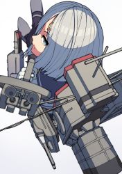 Rule 34 | 1girl, absurdres, adapted turret, blue eyes, cannon, commentary request, from above, from behind, grey sailor collar, hair ornament, hairclip, hamakaze (kancolle), highres, kantai collection, karasuma kuraha, looking at viewer, machinery, sailor collar, school uniform, serafuku, short hair, silver hair, simple background, smokestack, solo, turret, white background