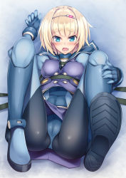 Rule 34 | 10s, 1girl, ass, blonde hair, blue eyes, blush, bodysuit, breasts, cameltoe, covered erect nipples, heavy object, highres, kokutou (kazuakifca), looking at viewer, milinda brantini, open mouth, short hair, solo, strap, tears