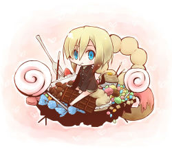 Rule 34 | 1girl, blonde hair, blue eyes, blush, cake, candy, chibi, chocolate, cupcake, doughnut, erica hartmann, female focus, food, fork, fruit, gradient background, heart, highres, lollipop, mikoto nori, pocky, solo, strawberry, strike witches, white background, world witches series