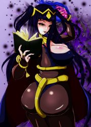 Rule 34 | 1girl, ass, bodysuit, book, bracelet, breasts, bridal gauntlets, cape, covered erect nipples, curvy, fire emblem, fire emblem awakening, from behind, gold, gradient background, green eyes, highres, huge ass, huge breasts, jewelry, kuroramu, long hair, looking at viewer, nintendo, open mouth, parted lips, shiny clothes, sideboob, smile, solo, tharja (fire emblem), tiara, two side up