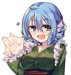 Rule 34 | 1girl, blue eyes, blue hair, ddt (darktrident), fins, frills, green kimono, hair between eyes, head fins, heart, japanese clothes, kimono, long sleeves, looking at viewer, lowres, medium hair, open mouth, smile, solo, touhou, upper body, wakasagihime, waving, webbed hands, white background