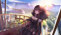 Rule 34 | 1girl, absurdly long hair, absurdres, black dress, black sleeves, blue sky, breasts, brown hair, cleavage, day, detached sleeves, dress, fate/apocrypha, fate (series), frilled sleeves, frills, highres, holding, lens flare, long dress, long hair, long sleeves, looking at viewer, medium breasts, mifachu (1064317697), outdoors, pointy ears, semiramis (fate), sky, sleeveless, sleeveless dress, solo, strapless, strapless dress, sunset, very long hair, yellow eyes