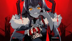 Rule 34 | 1girl, absurdres, animal ears, barbed wire, coat, commentary, crown, unworn crown, detached sleeves, english commentary, fangs, flipped hair, fur-trimmed coat, fur trim, grin, highres, holding, holding crown, hololive, inaba teitoku, king (vocaloid), long hair, looking at viewer, multicolored hair, ookami mio, parody, red background, red hair, sidelocks, sitting, smile, solo, spot color, streaked hair, teeth, throne, upper body, virtual youtuber, vocaloid, wide sleeves, wolf ears, yellow eyes