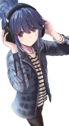 Rule 34 | 1girl, absurdres, blue hair, casual, headphones, highres, jacket, n2midori, pink eyes, shima rin, shirt, solo, striped clothes, striped shirt, white background, yurucamp