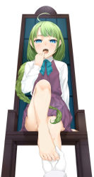 Rule 34 | 10s, 1girl, absurdres, ahoge, bare legs, barefoot, blue eyes, blunt bangs, braid, chair, commentary request, convenient leg, feet, finger in own mouth, foot focus, holding with feet, gloves, green hair, highres, holding another&#039;s foot, kantai collection, leg up, legs, long hair, looking at viewer, mole, mole under mouth, no panties, open mouth, pov, pov hands, saliva, shin&#039;ya mahiru, simple background, single braid, sitting, solo focus, toenails, toes, tongue, very long hair, white background, white gloves, yuugumo (kancolle)